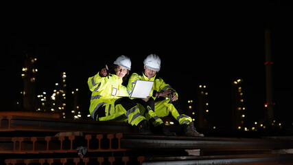 Engineers Working Night Shift Reviewing Data at Industrial Site, Factory Workers Analyzing Project...