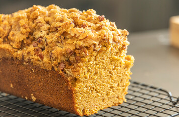 delicious pumpkin bread on dark background close up