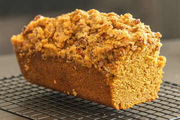 delicious pumpkin bread on dark background close up