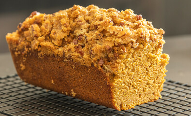 delicious pumpkin bread on dark background close up
