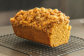 delicious pumpkin bread on dark background close up