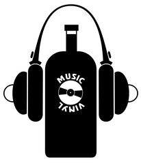 Double pleasure. Bottle of wine with headphones.
Drinking and music concept combination. Black and white illustration
