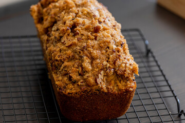delicious pumpkin bread on dark background close up