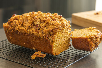 delicious pumpkin bread on dark background close up