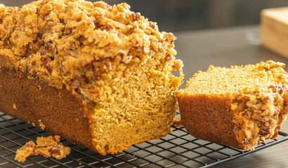 delicious pumpkin bread on dark background close up