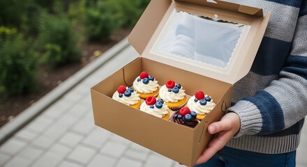 Person holding a box of delicious cupcakes with berries and cream frosting