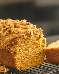 delicious pumpkin bread on dark background close up