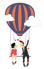 Man and woman fall in love. Air balloon.
Heart symbol. Happy man and woman fly up on the air balloon
