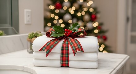 Festive towels with christmas ribbon and holly berries in a bathroom setting