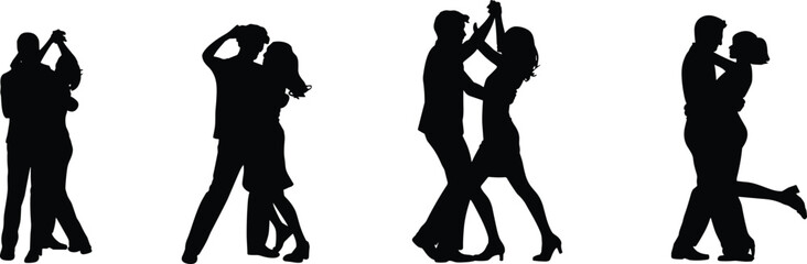Silhouette, dancing, couples, ballroom, tango, waltz, salsa, romantic, performance, elegant, movement, partner, dance, black, white, illustration, vector, pose, graceful, rhythm,