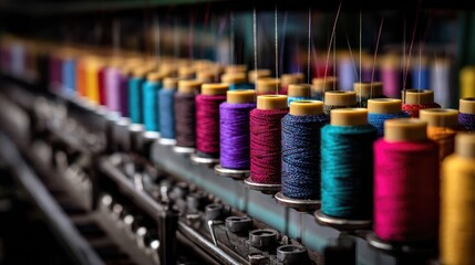 Vibrant Spools of Thread in a Sewing Workshop Capturing the Essence of Textile Craft and Color Variety for Fashion and Design Enthusiasts