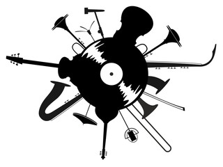 Long play record combines with musical instruments. Black and white illustration