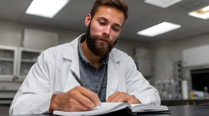 Fototapeta premium A focused male researcher in a white lab coat writes observations in a notebook within a laboratory