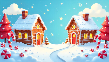 Naklejka premium Gingerbread man cookie standing beside house with different colored candy and gumdrops, a chrismas snow scene. AI generated illustration