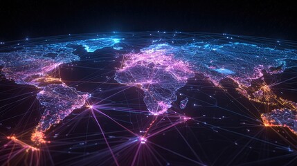 Futuristic Global Network Visualization with Colorful Connections Across Continents Illustrating Data Flow and Communication Technologies