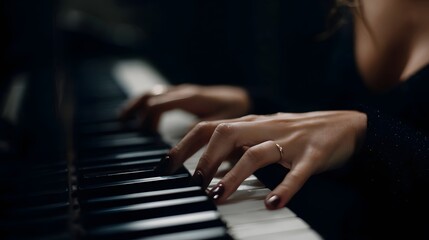 Fototapeta premium Elegant hands playing a black and white piano keyboard capturing a moment of musical focus and ry