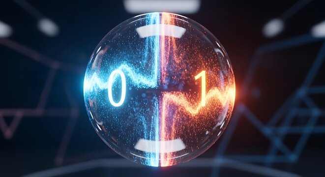 Abstract digital sphere glowing with binary code and energetic particles, representing data flow and technology.