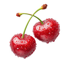 Two Ripe Red Cherries With Water Droplets And Stems isolated on transparent background. PNG die-cut for advertising