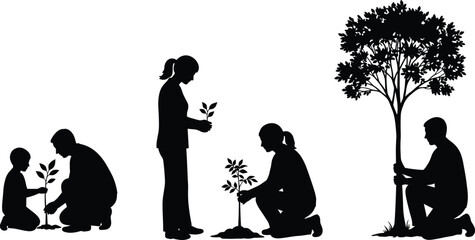 Silhouette people planting tree, child adult sapling care, environmental conservation growth, ecology sustainability nature, teamwork nurture forest,