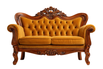 Ornate vintage yellow velvet two seater sofa with carved wooden frame and button tufting isolated on transparent background. PNG die-cut for advertising