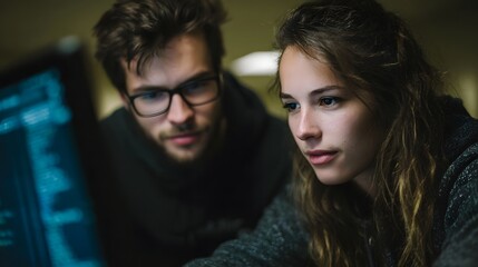 Two people a man and a woman collaborating and focusing intently on a computer screen displaying code