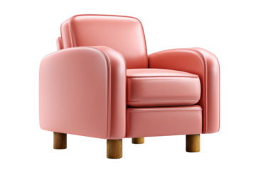 A Modern Coral Pink Upholstered Armchair With Round Wooden Legs isolated on transparent background. PNG die-cut for advertising