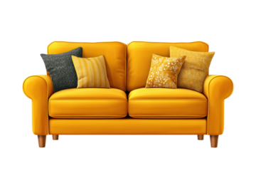 A vibrant yellow two seater sofa with four decorative cushions featuring patterned and striped designs isolated on transparent background. PNG die-cut for advertising