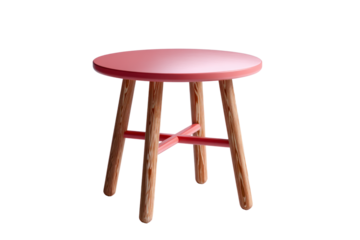 A simple round stool with a coral pink top and four wooden legs connected by red supports isolated on transparent background. PNG die-cut for advertising