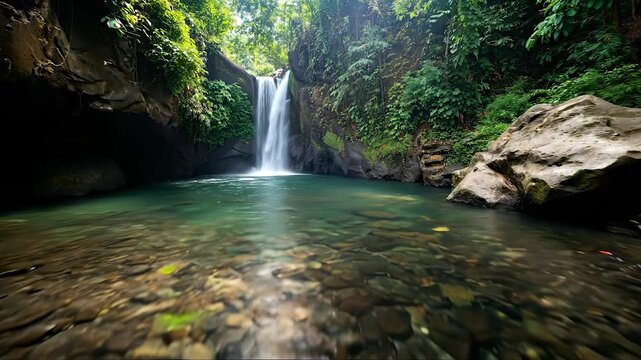 A waterfall tumbles gracefully into a clear pool, surrounded by vibrant greenery and large rocks. This waterfall creates a serene environment for the boy and girl enjoying nature.