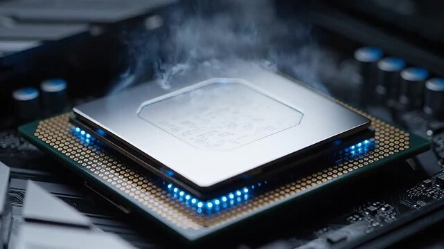 High-performance computer processor glowing with blue light and emitting steam, signifying advanced technology.