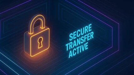 Secure transfer active neon padlock glowing dark hexagon background with neon hexagon lines and futuristic cyber security network conveying encrypted data protection transfer digital glowing - Powered by Adobe