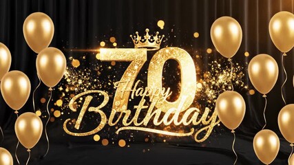 Elegant Golden Metallic Happy 70th Birthday Text on a Dark Background, Celebration Greeting