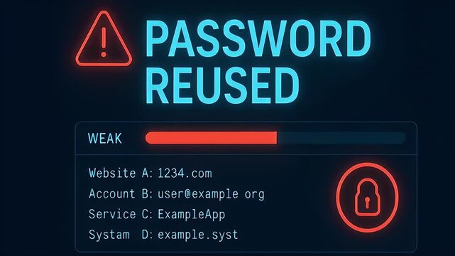 Password reused warning neon triangle alert weak strength bar exposed account list cyber security lock urgent security alert password reused weak warning glowing lock exposed account details dark