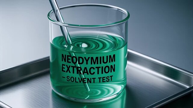 Neodymium extraction solvent test green liquid in laboratory beaker with glass stirrer creating ripples and reflection on metal tray scientific experiment close up equipment