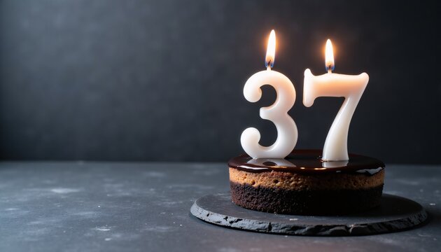 Chocolate cake with number 37 candles on dark background.