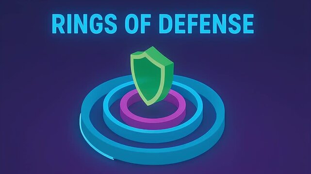 Rings defense shield protection cybersecurity security network layers perimeter data center icon green shield blue rings purple ring illustration digital concept safe confident rings of defense ring