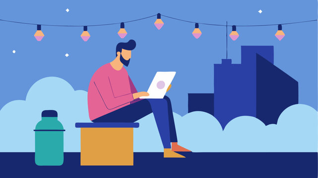 An artist working on a digital tablet while seated on a rooftop patio adorned with string lights enjoying the view of the horizon.