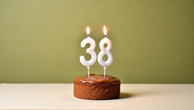 A small brown cake with lit number 38 candles.