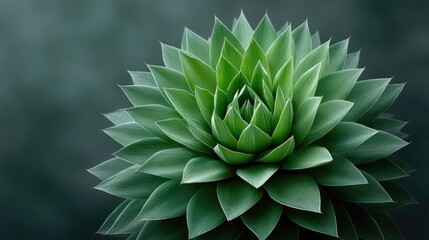 Close up top down view of a succulent plant with thick green leaves and white speckles on a dark green blurred background with soft lighting