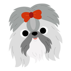 Cute vector flat illustration of Shih Tzu dog head. Isolated pet image on white background. Funny wrinkled face with big eyes and fluffy hair.
