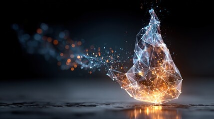 Abstract digital art of a ship, composed of interconnected lines and glowing particles