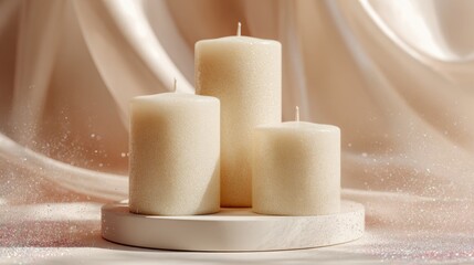 Three elegant cream-colored candles on a minimalist stand against a soft, shimmering backdrop, creating a serene ambiance.