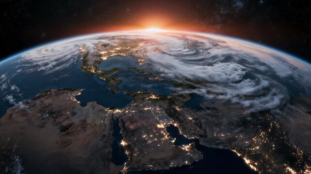 Beautiful earth planet scene. Space Zoom spinning view, Concept of climate change, day and night