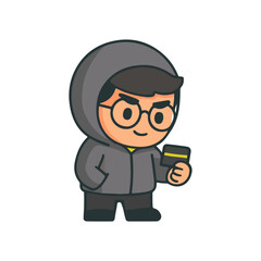 Cute hacker chibi holding credit card cartoon illustration. Cyber fraud hacker character with hoodie and glasses illustration.