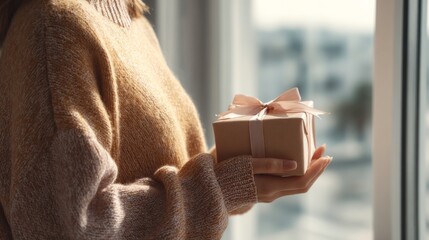 A woman of Hispanic descent holds a beautifully wrapped gift with a soft pink bow, framed by a sunlit window.