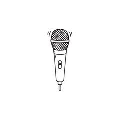 Simple black and white line drawing of a microphone with sound waves emanating from the top, isolated on a white background.