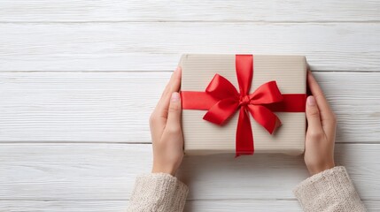 A pair of hands holds a beautifully wrapped gift box adorned with a red ribbon, symbolizing celebration and generosity.