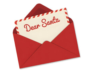A red envelope is open with a handwritten letter inside that says dear santa on a white background
