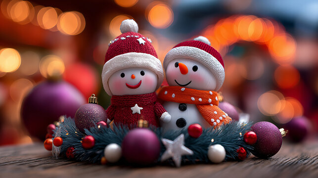 Zwei Schneem&auml;nner mit Weihnachtsdekoration und warmem Bokeh-Hintergrund