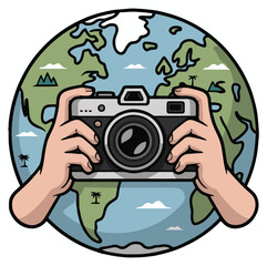 A cartoon image of hands holding a camera in front of a globe with mountains and palm trees on it
